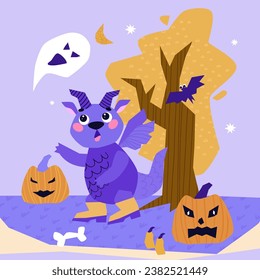 Dragon. October. Dragon celebrates Halloween. Creepy pumpkins, ghosts and bats. Fall season. Cute Dragon cartoon mascot character. Vector