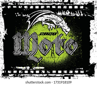Dragon on an abstract background. Brutal biker dragon. Cool drawing. Drawing on a t-shirt.