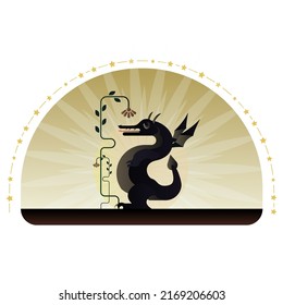 A dragon on the background of a decorative sun looks at a large flower