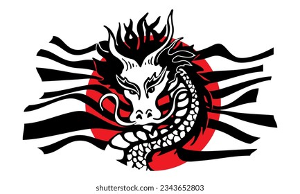 Dragon on background of red circle with smooth black developing lines in oriental style. Chinese New Year. For the Chinese zodiac calendar with animal signs