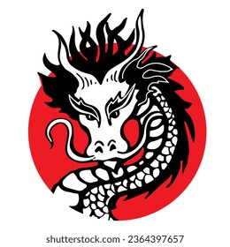 Dragon on background of red circle in oriental style. Chinese New Year. For the Chinese zodiac calendar with animal signs