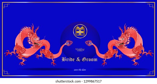 Red​ dragon on blue background wedding invitation card 