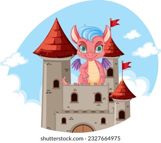 Dragon on Castle in Cartoon Style illustration