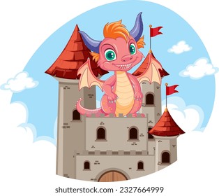 Dragon on Castle in Cartoon Style illustration