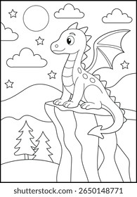 Dragon on Cliff Coloring Page – Fantasy Landscape Black and White Line Art for Kids