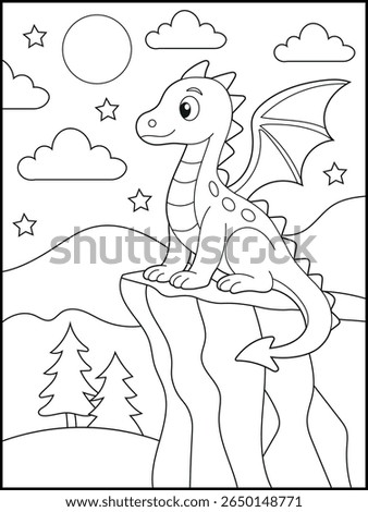 Dragon on Cliff Coloring Page – Fantasy Landscape Black and White Line Art for Kids