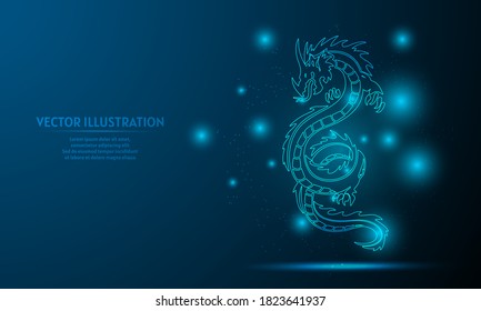 dragon on a dark blue background of the space with shining stars.