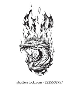 Dragon on fire hand drawn sketch Vector illustration.