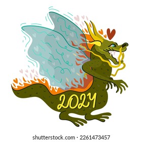 Dragon on fire. Year of the dragon. Chinese New Year 2024. Vector isolated illustration with lettering.