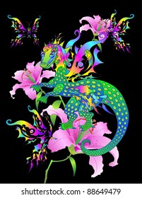 Dragon on a flower. Vector illustration.