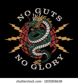 Dragon on Globe with Lightnings Around Illustration with No Guts No Glory Slogan Artwork for Apparel or Other Uses