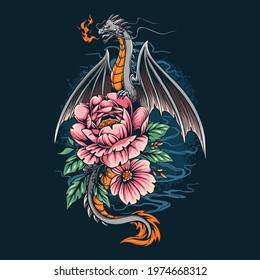 A dragon on a pretty flower gives off fire