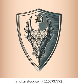 Dragon on Shield. Hand Drawing image.