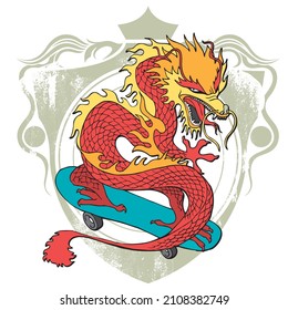 Dragón en un patineta con un escudo de armas en el fondo.