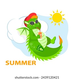 Dragon on summer vacation. A cartoon character with glasses drinks a cocktail.