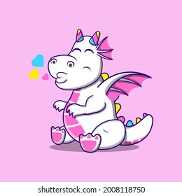 Dragon on three colors rainbow pink, yellow, and light blue. Dragon cartoon character with rainbow concept give a kiss. Flat design modern colors style. Good for a mascot, emoticon, sticker.