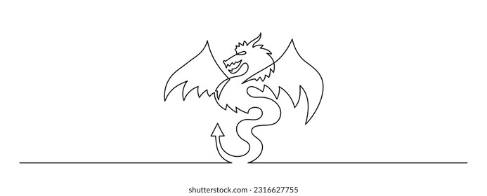 Dragon one line art,continuous contour drawing, hand-drawn mythical chinese animal outline, horoscope zodiac sign,fairy tale creature ancient dinosaur.Editable stroke.Isolated.Vector illustration