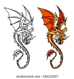 Dragon orange stylized image. Circuit. Colour. Stock vector illustration isolated.