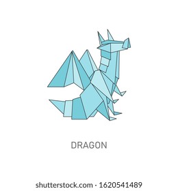 Dragon origami figure in geometric flat outline style, vector illustration isolated on white background. Polygonal design of fantasy animal, icon in style of japanese art of folding paper