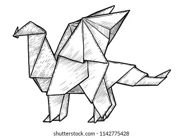 Dragon origami illustration, drawing, engraving, ink, line art, vector