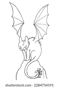Dragon outline illustration vector image. Hand drawn dragon on a cloud sketch image artwork. Simple original logo icon from pen drawing sketch.