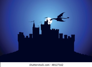 Dragon over the medieval castle