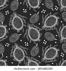 Dragon and passion fruit slices seamless pattern in doodle style. Exotic fruits for textile, fabric, cloth, print, digital paper on dark background. Hand drawn tropisian fruit vector illustration