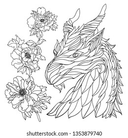 Dragon and peonies, black image on white background - vector.
