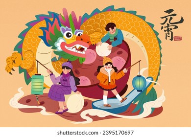 Dragon and people with lantern surrounding a bowl of sweet rice balls soup. Text: Lantern Festival.