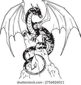 Dragon perched on rock formation, large wings spread, fantasy creature line art illustration, a fearsome dragon with large, spread wings is perched atop a rocky outcrop