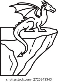 Dragon Perched on Rocks over Mountain Top Silhouette Icon Vector Fantasy Creature Mythological Mechanical Beast Logo Symbol Sign Illustration Legendary Mythical Fire Serpent Guardian Majestic Fantasy Art Design