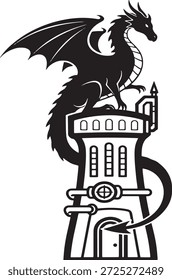 Dragão Empoleirado Na Torre Steampunk Ícone Silhueta Fantasia Criatura Mecânica Arquitetura Logo Símbolo Ilustração	
