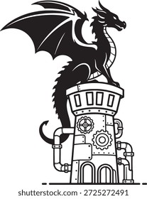 Dragão Empoleirado Na Torre Steampunk Ícone Silhueta Fantasia Criatura Mecânica Arquitetura Logo Símbolo Ilustração	

