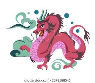 Dragon personage with horns and claws, isolated reptile character with fearsome muzzle expression. Chinese mythology and folklore traditions. Clouds and monster or beast. Vector in flat style