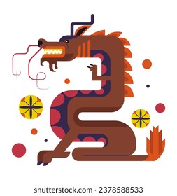 Dragon personage, isolated Chinese folklore or mythology creature. Fantasy character reptile with horns and scary facial expression, legs with claws and tail with flame. Vector in flat style