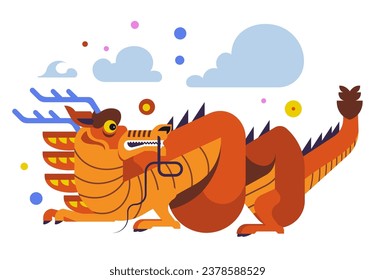 Dragon personage, isolated Chinese tales, and lion creature with tail, horns and fire breath. Magical and fantasy world reptile, clouds and bubbles effect. Vector in flat style illustration