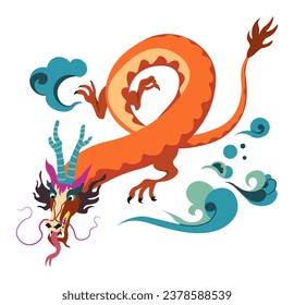 Dragon personage, isolated creature with claws and tail breathing fire and flames. Chinese mythology mascot, fantasy story character or being. Clouds or wind gusts effect. Vector in flat style