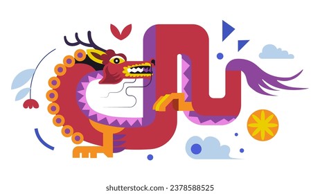 Dragon personage with tail and claws, horns and scales. Isolated fantasy creature, Chinese folklore or mythology mascot, beast with whiskers surrounded by flowers and clouds. Vector in flat style