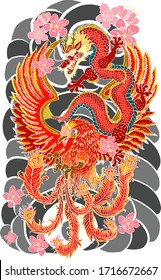 Dragon and phoenix with cherry blossom on background.Chinese culture for tattoo design.Symbol of rebirth and powerful.wealth and rich.