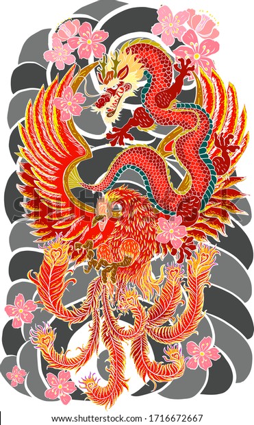 Dragon Phoenix Cherry Blossom On Backgroundchinese Stock Vector ...