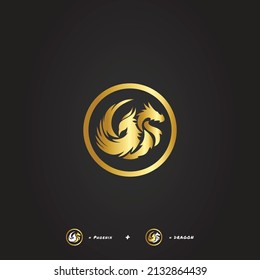 Dragon and Phoenix Exclusive Premium Design Gold Vector