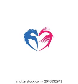 Dragon and Phoenix in Heart Shape logo or icon design