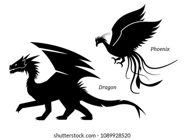 Dragon and phoenix side view pictogram.