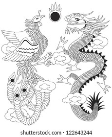 Dragon and Phoenix Symbols for Chinese Wedding with Flaming Ball Clouds Outline Illustration Isolated on White Background Vector