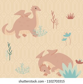 Dragon pink blush color seamless pattern. Cartoon vector pattern perfect for kids, children textile.