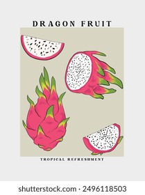 dragon pitaya fruit set vector illustration, tropical summer fruits hand drawn art, retro vintage fruit graphic t shirt design 