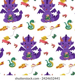 Dragon playing with joystick seamless pattern. ids fun concept. Vector kids illustration in kawaii cartoon style. Trendy print design for textile, wallpaper, wrapping, background