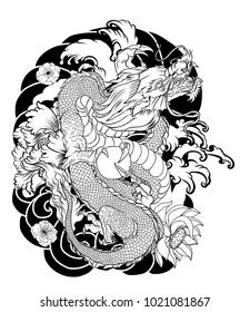 Dragon and plum flower tattoo.Hand drawn Japanese old dragon with peony and wave background,Design for Asian tattoo.