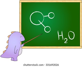 Dragon with pointer at the school board with chemical formula for water. Vector illustration