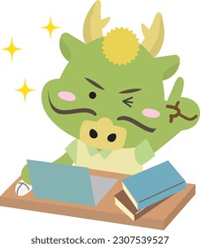 A dragon pointing at a point while working on a computer